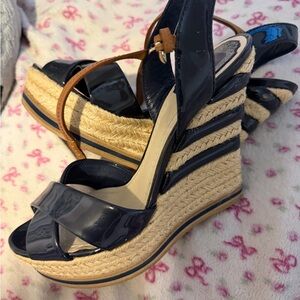 Dior Navy and Tan Wedge Sandals